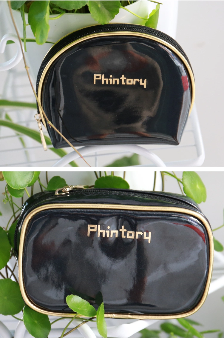 Wholesale Luxury Black Shiny PU Toiletry Cosmetic Bag Travel Bag